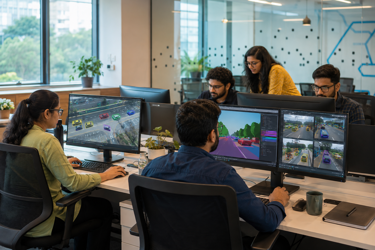 Professional annotation team reviewing computer vision datasets in a modern office