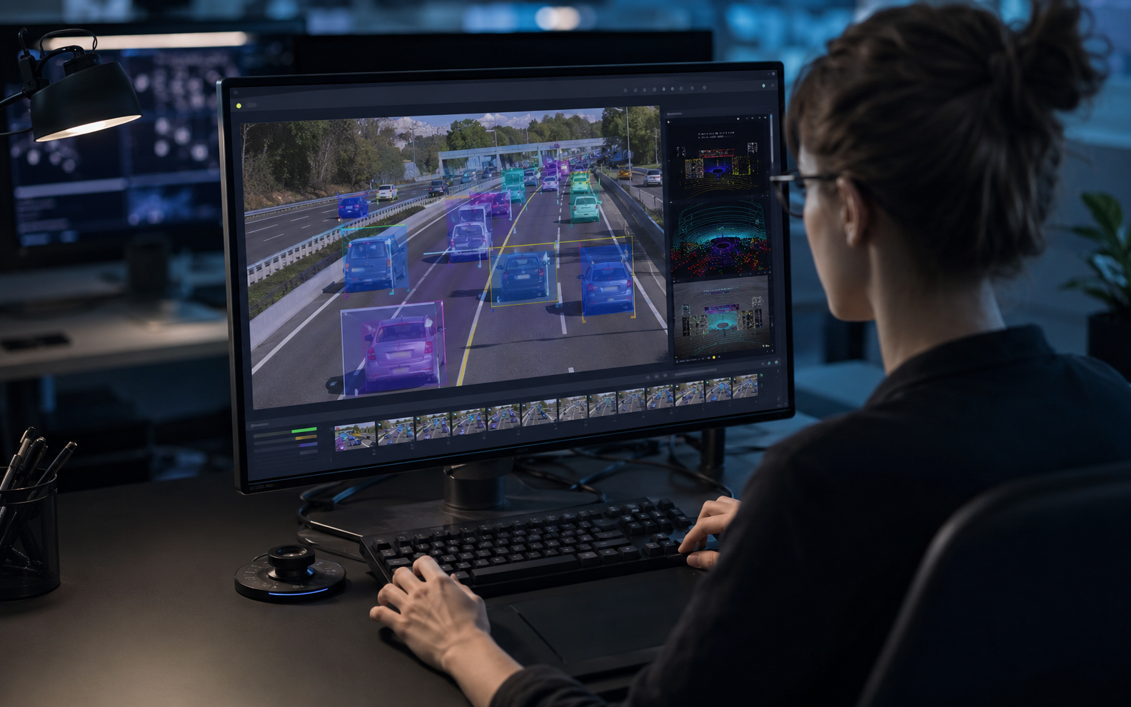 Computer vision annotation specialist labeling vehicles in a road dataset